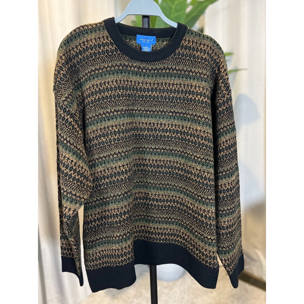 Towncraft Mens XL Crewneck Sweater Green Black Tan Striped Textured Pullover